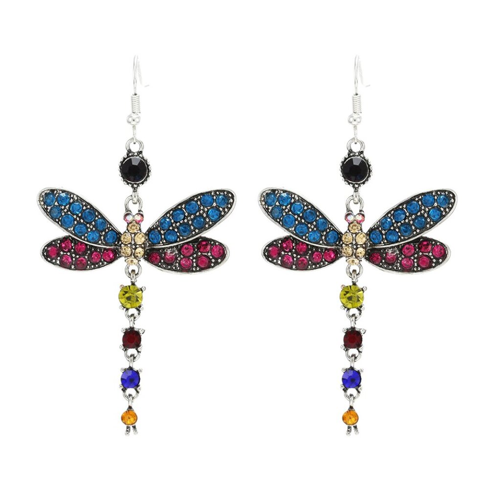 Multi Color Dragonfly Crystal Rhinestone Silver Plated Hook Earrings, VP1019 - Picture 2 of 5